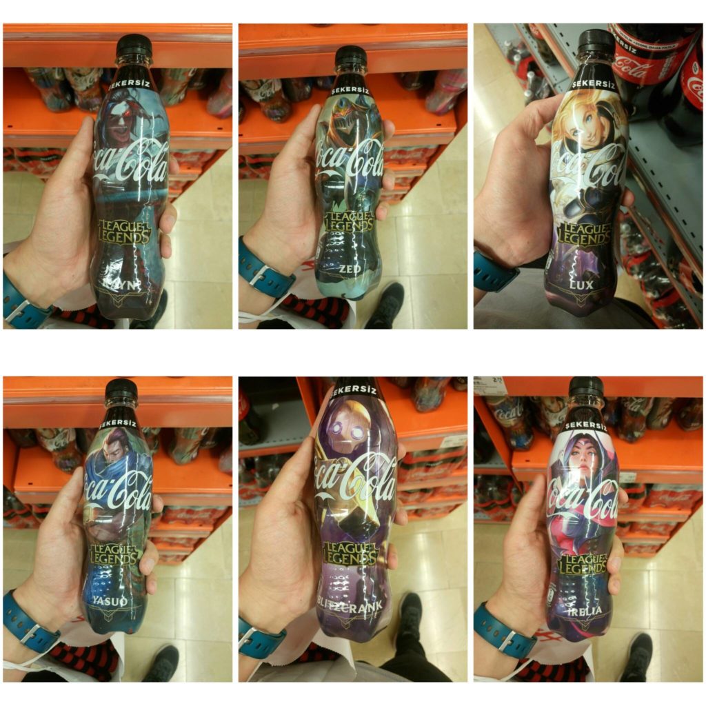 coca cola legaue of legends - zdjęcie 6 butelek przedstawiających poszczególne postacie z LoL-a